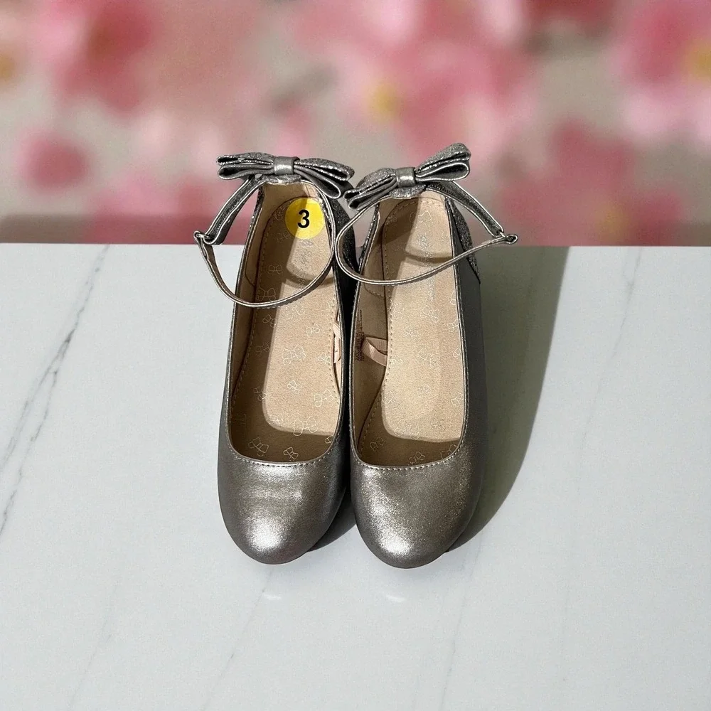 Girls Silver Glitter Bow Mary Jane Flats Shoes Kids Size 3 Ballet Dress‎ Shoes